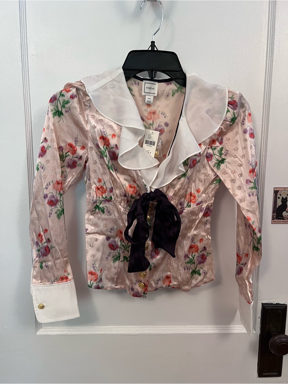Maeve Pink Floral Satin Top with Black Trim
